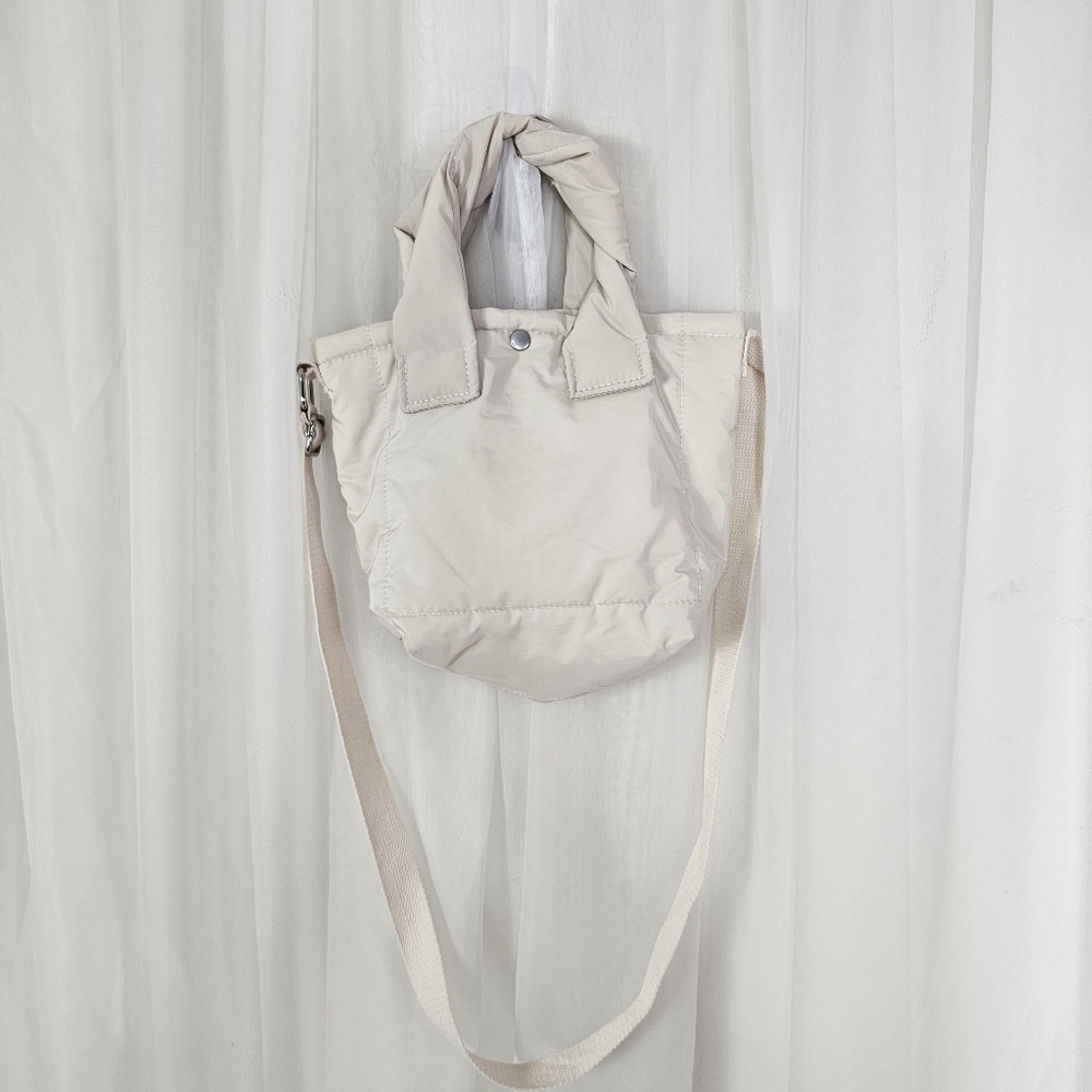 Neutral Cream Nylon Puffer Quilted Mini Tote Bag with Shoulder Strap